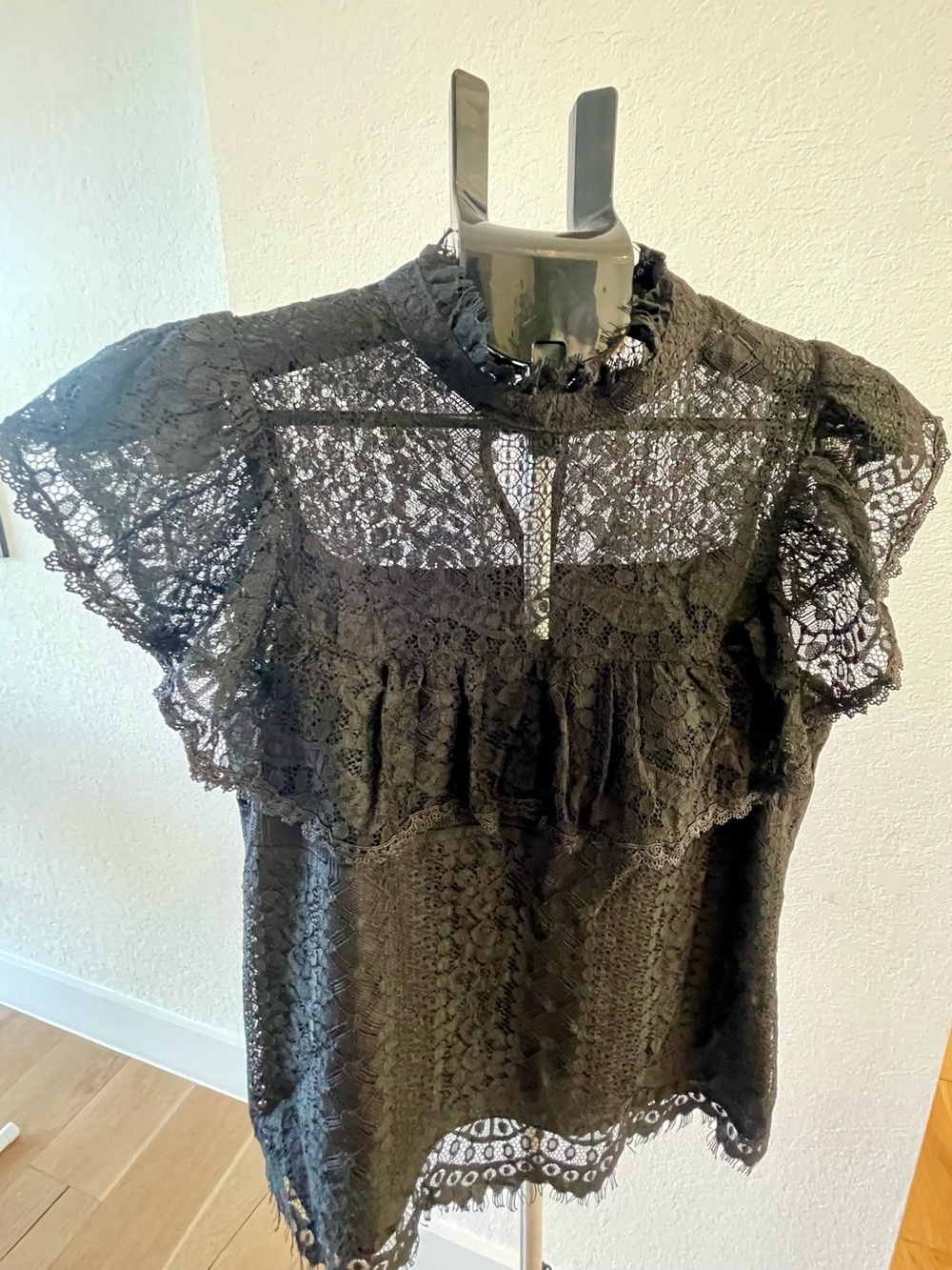 Women's Black Lace Ruffle High-Neck Blouse